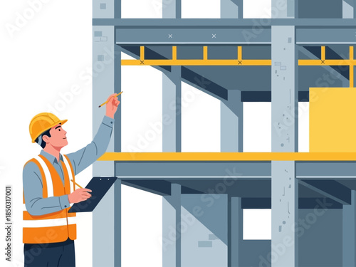 Construction worker in hard hat and safety vest inspecting building plans.