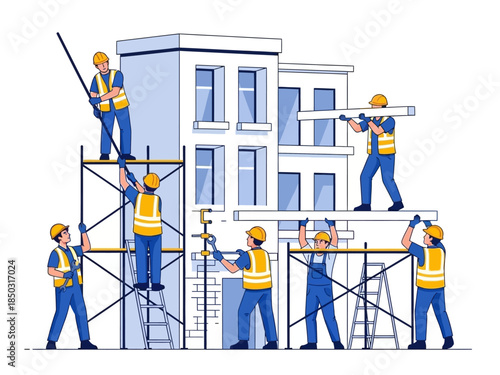 Construction workers building a modern apartment complex together.