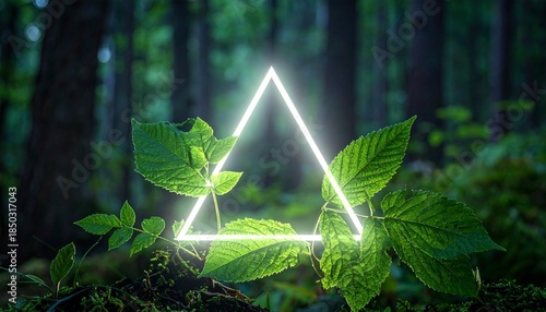 Glowing neon equilateral triangle superimposed over green forest leaves, symbolizing fusion of natural and digital aesthetics, organic‑synthetic contrast, and modern visual storytelling.