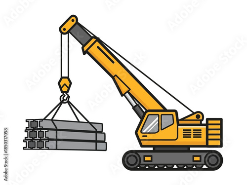 Yellow crane lifting steel beams construction industry equipment.