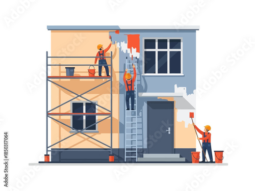 Construction workers painting and renovating a house exterior with scaffolding and ladders.