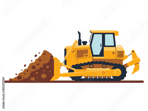Yellow bulldozer pushing a large pile of dirt and soil.
