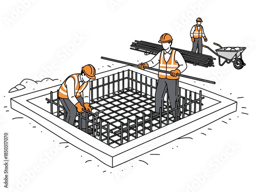 Construction workers reinforcing concrete foundation for building.