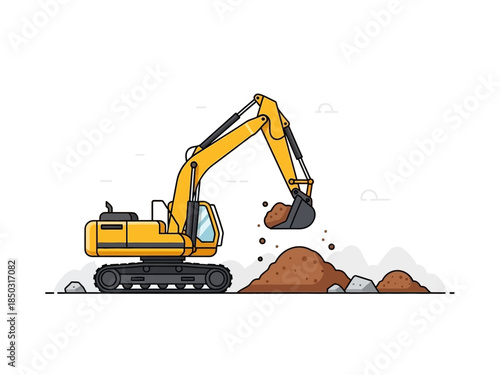 Yellow Excavator Machine Digging Dirt and Rocks Construction Site.