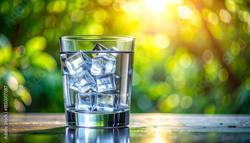 Clear glass of water with ice cubes—on reflective surface with sunlit green foliage background.