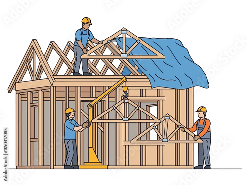 Construction workers building a house roof with trusses.