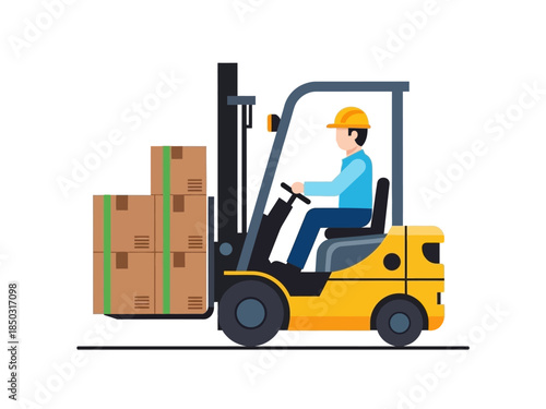 Forklift driver operating a yellow forklift truck carrying boxes.