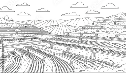an intricate line art depiction showcases a terraced landscape with detailed steps rolling hills and fluffy clouds in a serene scene high quality