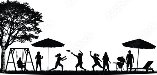 Family picnic silhouettes in park, outdoor leisure activity, summer recreation, people playing frisbee, barbecue gathering illustration design