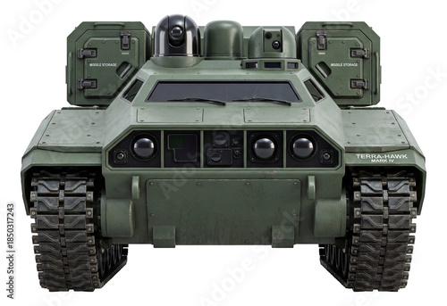 Tracked vehicle with front sensors and rear missile storage.