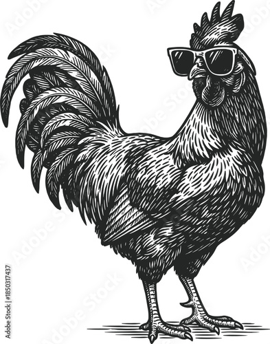 Linocut style cool rooster wearing sunglasses, vector illustration on transparent background.