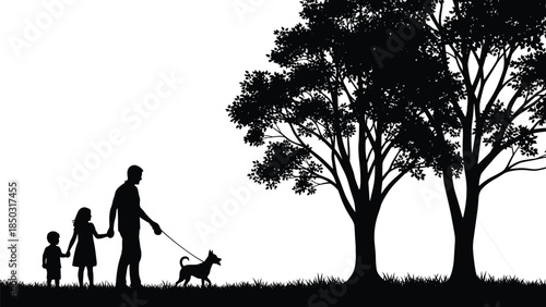 Family walking dog silhouettes in park, outdoor leisure activity, parents with children, nature stroll, peaceful lifestyle illustration