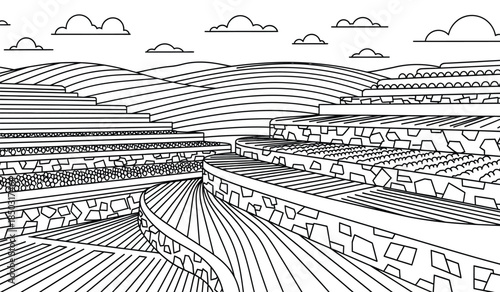 this detailed black and white illustration depicts a gently rolling landscape with winding paths layered hills and fluffy clouds creating a serene atmosphere