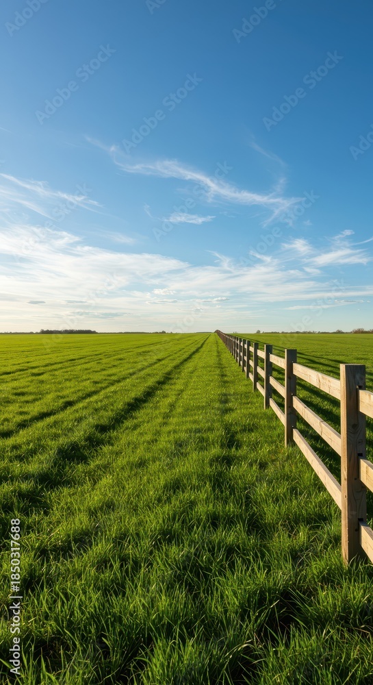 Fototapeta premium Rustic wooden fence line dividing an open green field under a wide blue sky. Sunlight illuminates the natural landscape, natural, sunny, outdoor