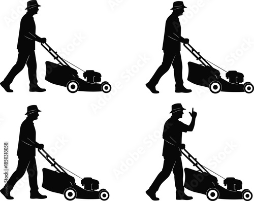 Lawn mower worker silhouettes set, gardener mowing grass, landscaping service, outdoor yard maintenance illustration collection design