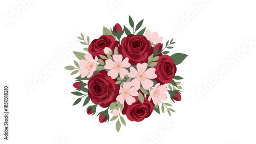 Illustrated bouquet featuring red and pink roses with green foliage for weddings, decor, and floral art
