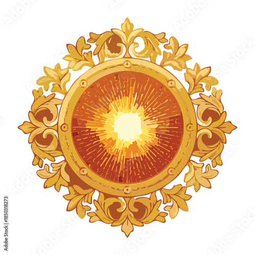 luxury golden sun emblem with ornate floral frame and bright yellow glowing core for fantasy game interface