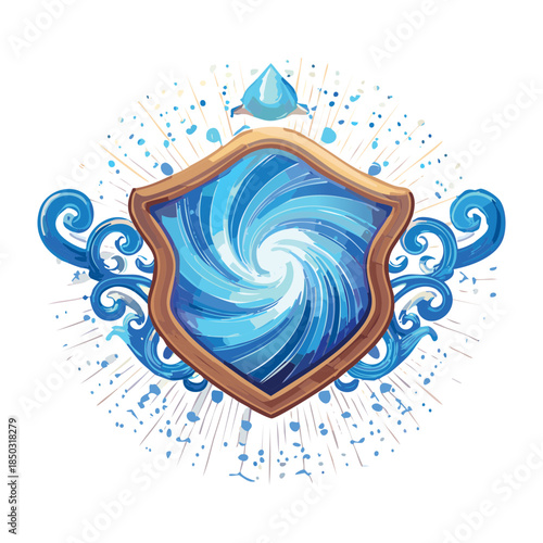 spiraling water vortex shield with blue energy droplets for magical defense and ocean theme game characters