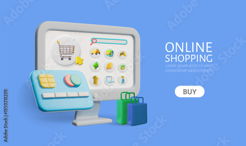 Online shopping on computer screen, marketplace app and web service 3D cartoon plastic style vector banner, bank card