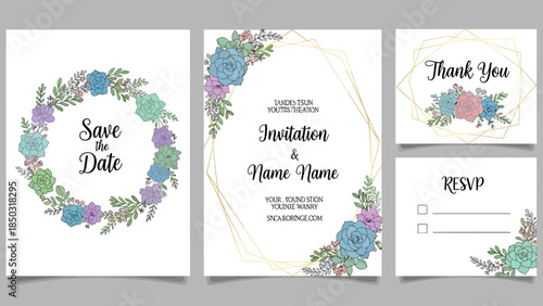 Elegant floral wedding invitation suite with watercolor wreaths and pastel accents: Save the Date, Invitation, RSVP, and Thank You templates