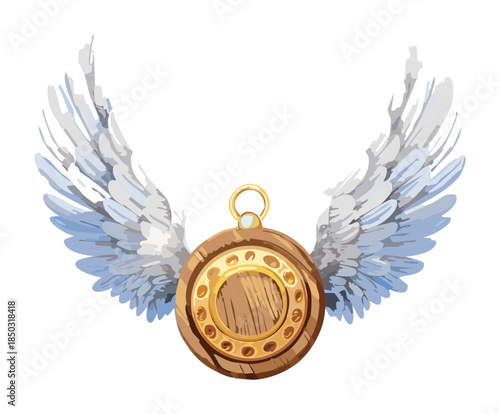rustic wooden badge with silver bird wings for fantasy game character equipment and level up rewards