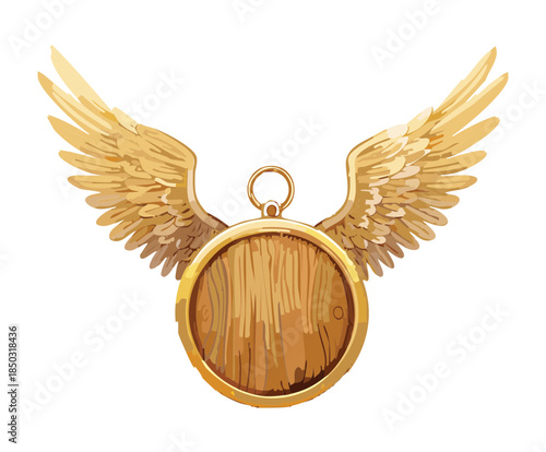 blank wooden circular medallion with large golden angel wings for fantasy game rank and achievement icons