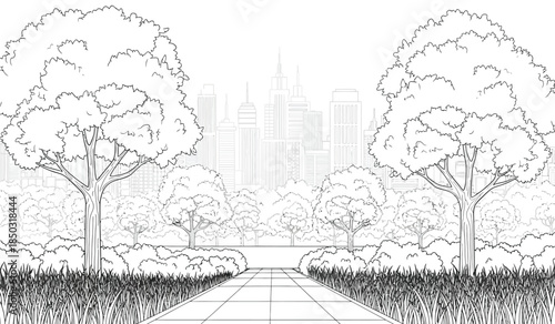 a scenic black and white illustration depicts a park pathway leading towards a distant cityscape framed by lush trees and greenery high quality