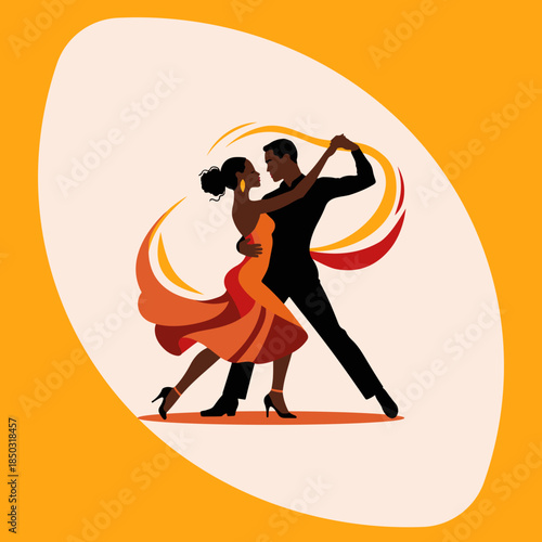 A vibrant illustration of a couple dancing mambo for a Latin American music theme. A couple dancing tango on a white background. Argentine tango. Romantic couple dancing. People in love. Valentine's 