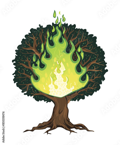 dark enchanted tree silhouette with bright green mystical fire for spooky fantasy forest game assets