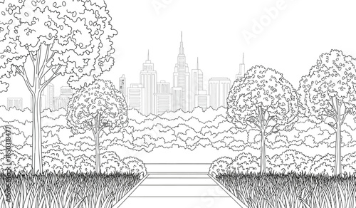 a black and white drawing depicts a park landscape with trees framing a distant city skyline featuring a path leading towards the urban center