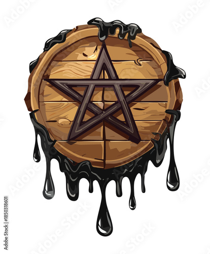 black pentagram star symbol on a wooden board with dripping dark liquid for occult and horror icons