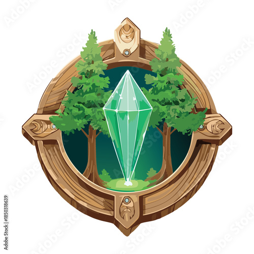 floating green emerald crystal between two pine trees for forest magic and nature energy source icons