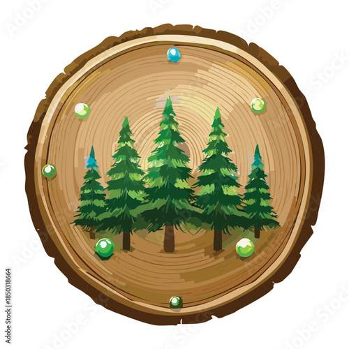 evergreen spruce forest landscape on a circular wooden plaque with green pearls for wilderness adventure icons