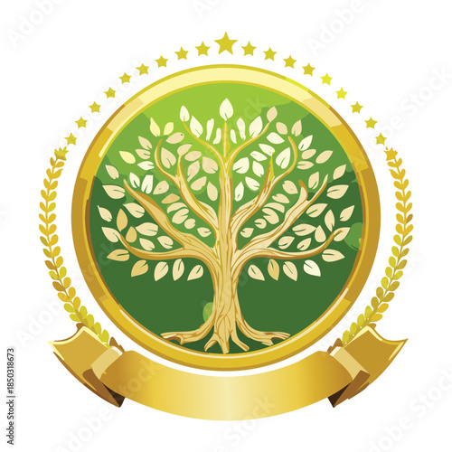 circular green tree of life medallion with gold stars and laurel wreath for fantasy game leveling rewards