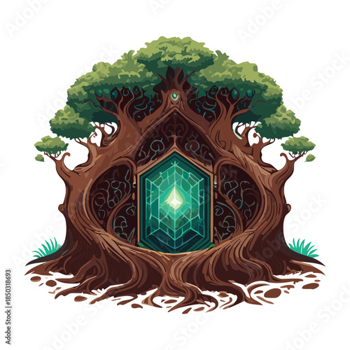 dark enchanted hollow tree entrance with a glowing green magical gateway and twisted wood branches