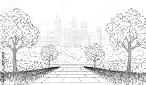 a detailed sketch depicts a pathway leading towards a distant cityscape framed by lush trees creating a serene and captivating urban landscape illustration