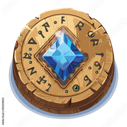 blue crystal shard on an old wooden plank with carved magical runes for quest items and spells