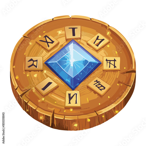 square blue sapphire gem on a wooden medallion with golden runes and ancient symbols for mystical artifacts