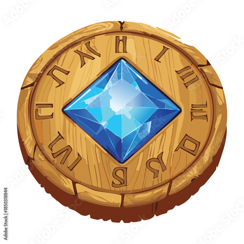 blue diamond gemstone on a wooden disc with ancient runic carvings and clockwork numbers for time magic