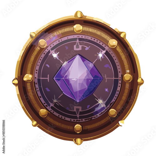 magical purple crystal gem with glowing sparks and orbits inside an ornate dark metallic circular frame