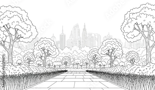 a detailed black and white illustration depicts a park pathway leading towards a distant cityscape with tall buildings and trees high quality professional