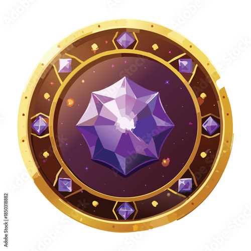 purple amethyst hexagon gem on a dark star chart wooden plate for cosmic magic and astrology icons