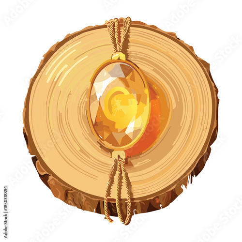 golden amber gemstone teardrop hanging on a wooden board with rope for primitive jewelry and craft icons