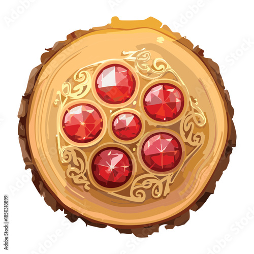 set of small red rubies on a circular golden wooden plate for luxury item collection icons