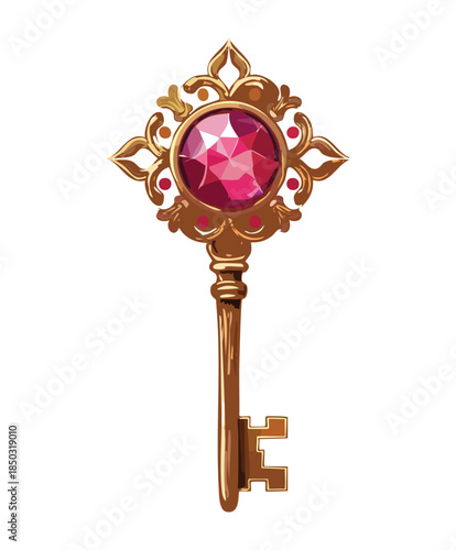 luxury golden skeleton key with large red ruby gemstone and elegant floral carvings for royal achievement icons