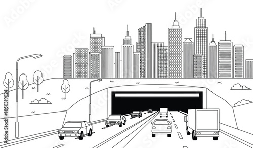a detailed black and white illustration depicts a highway leading into a tunnel framed by a sprawling cityscape with numerous skyscrapers high quality