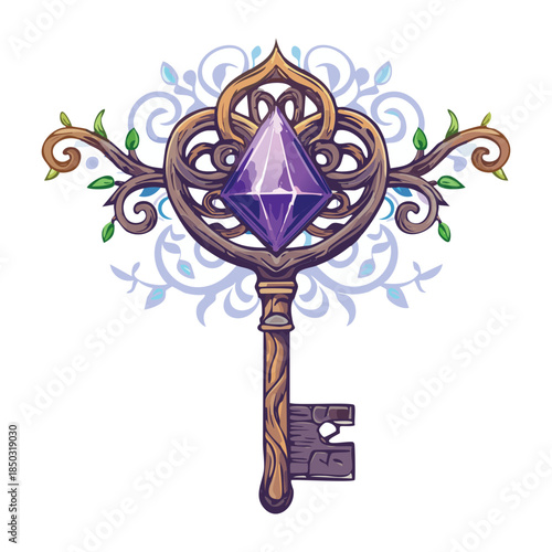 ornate silver filigree skeleton key with central purple jewel and floral patterns for mystical adventure game assets