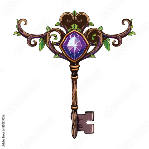 antique magical skeleton key with purple amethyst gemstone and twisted vine handle for fantasy quest game icons