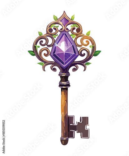 enchanted purple amethyst key with golden vine patterns and leaf filigree for magical forest gate icons