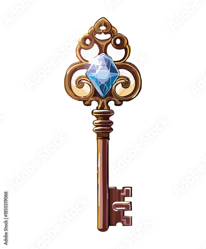ornate silver skeleton key with a blue sapphire gemstone and scrollwork patterns for mystical adventure quest items